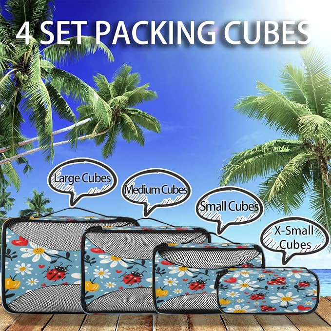 4 Set Packing Cubes for Travel, Ladybugs Florals Packing Cubes for Women, Travel Luggage Packing Organizers, Packing Cube Set, Daisy Flowers