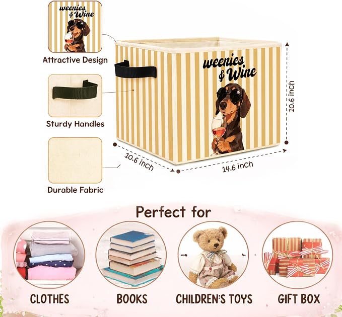 Dachshund Weenies and Wine Foldable Fabric Storage Bin | Funny dachshund yellow stripe design; foldable fabric storage bin for closet, pet supplies, books, or clothes.