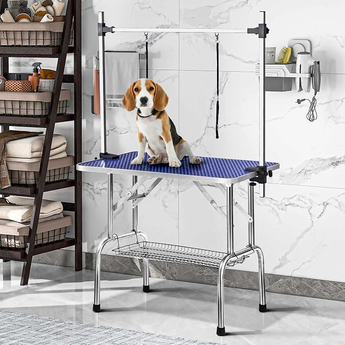 Professional 46" Adjustable Pet Grooming Table Heavy Duty with Arm & Nosse & Mesh Tray for Large Dog Cat Shower Table Bath Station, Maximum Capacity Up to 330 LBS (46 inch)