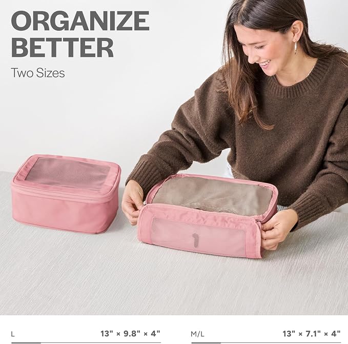 Compression Packing Cubes for Travel, 2-Pack, Pink | Solves overpacking, 2-Piece set fits most carry-ons, 50% Space savings, Compression luggage organizer bags