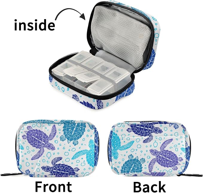 Turtle Ocean Animal Pill Case, Weekly Portable Pill Bag Container 7 Days Cute Pill Box Organizer Vitamin Supplement Holder with Zipper for Travel Family Business