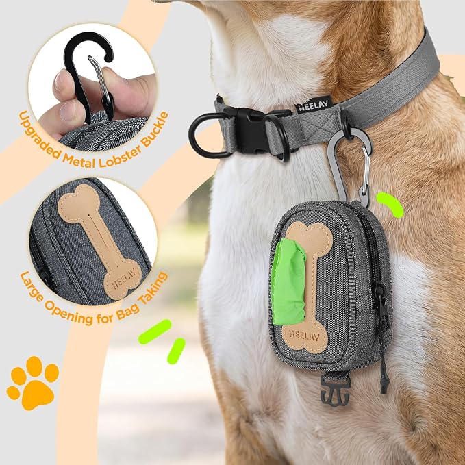 Dog Poop Bag Holder for All Leashes,Hand Free Doggie Waste Bag Dispenser-hook & loop/Carabiner,Dog Poop Bag Dispenser for Leash,Wide Opening,Leash Attachment for Dogs Walking,Poop Bags EXCLUDED,Gray