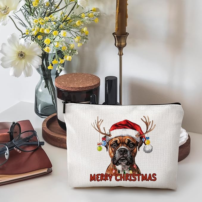 DILSJ Christmas Boxer Dog Makeup Bag, Boxer Dog Gifts Cosmetic Bags For Women, Pet Lover Gifts, Christmas Zipper Makeup Pouch Travel Organizer Toiletry Bag