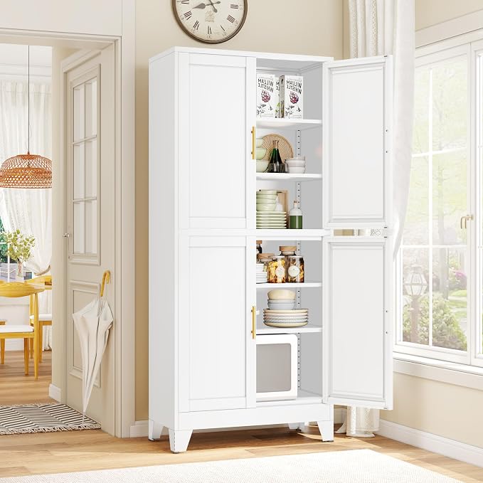 GAIOUS 75.2" Tall Metal Pantry Cabinet,White Kitchen Pantry Storage Cabinet | with 4 Doors and 4 Adjustable Shelves, Steel Storage Cabinets, Freestanding Cupboard for Kitchen Dining Living Room Bathroom