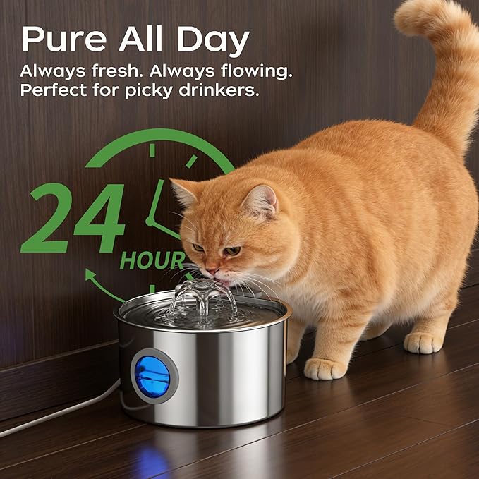 3.2L/108oz Cat Water Fountain, 304 Stainless Steel Top, Detachable Tank Makes Cleaning a Breeze, Ultra-Quiet Pump for Light Sleepers, for Multiple Cats, No More Dirty Plastic