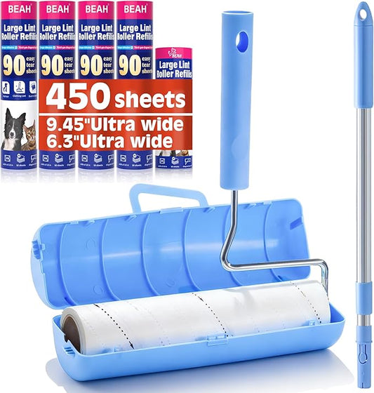 Large Lint Roller for Pet Hair Extra Sticky,10 Years Lifespan,9.45''/6.3" Pet Hair Removal Tool Roller for Dog Cat Hair,450 Sheets/5 Refills,Detachable Telescoping Extension Large Lint Roller
