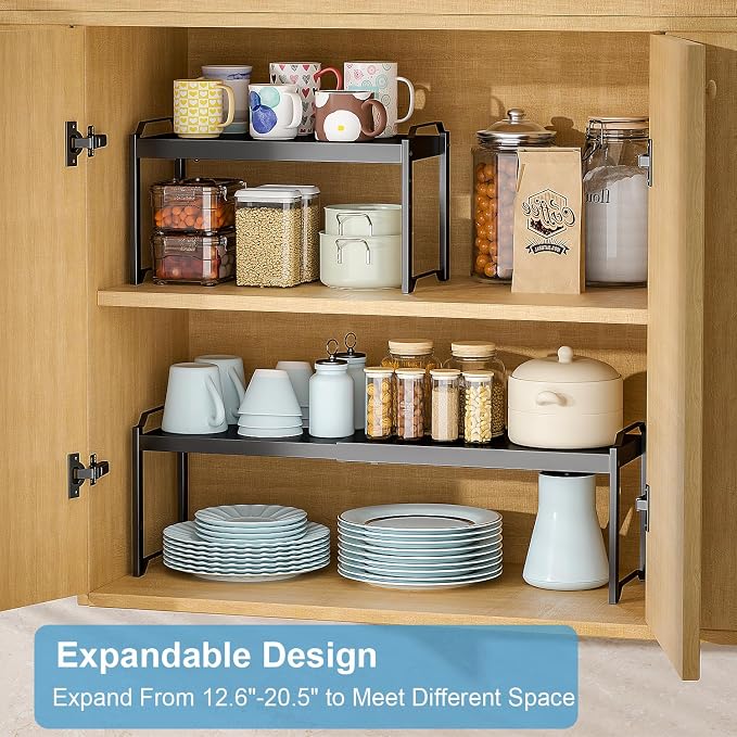 Expandable Cabinet Shelf Organizer, Adjustable kitchen Countertop Storage | 2 Pack Stackable Metal Kitchen Cabinet Countertop Storage Shelves, Heavy Duty Counter Cupboard Pantry Organizers, 20.5" Long
