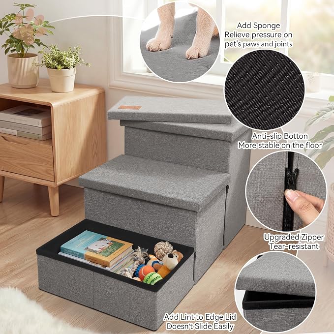 Zerbuger Dog Stairs with Storage, Grey 3 Steps Dog Ramp no Condo for Bed | 18" H Wider Dog Steps for High Beds Couch, Folding Storage Pet Stairs Gift for Climbing Small/Medium/Large Old Dogs Cats
