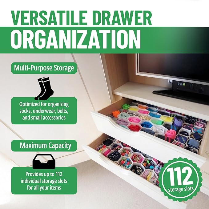 Evelots 4-Pack Honeycomb Drawer Organizers, 112 Cells, Expandable Dividers | Expandable modular dividers create 112 cells for socks, underwear, bras and baby clothes in home, RV, dorm or closet drawers.