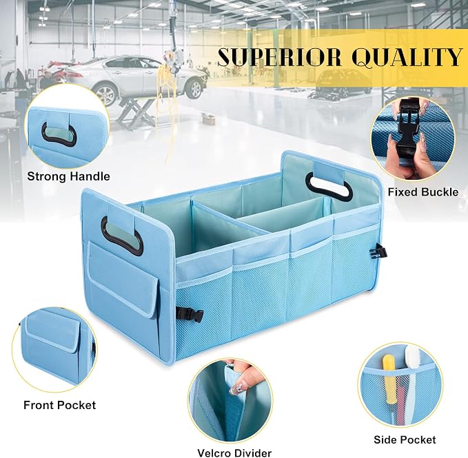 Car Trunk Organizer, Collapsible Car Organizers and Storage Light Blue | Sturdy, Large Capacity, Clean Decor, Multi Compartment Container Box, Adjustable Car Accessories for SUV Sedan Truck