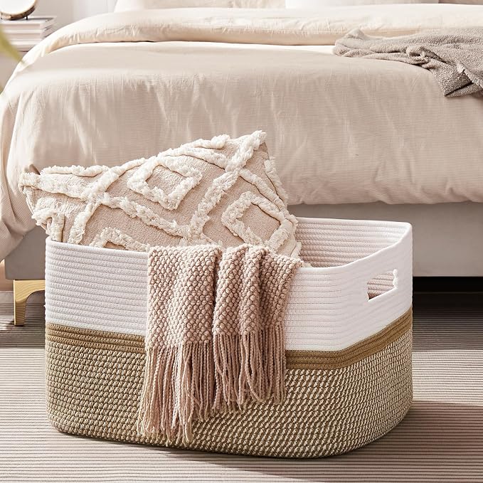 OIAHOMY Blanket Basket Laundry Basket Dog Toy Basket 75L Yellow/White | Large Storage Basket,Baby Basket,Toy Storage,Woven Rope Basket for Blankets,Blanket Storage for Living Room