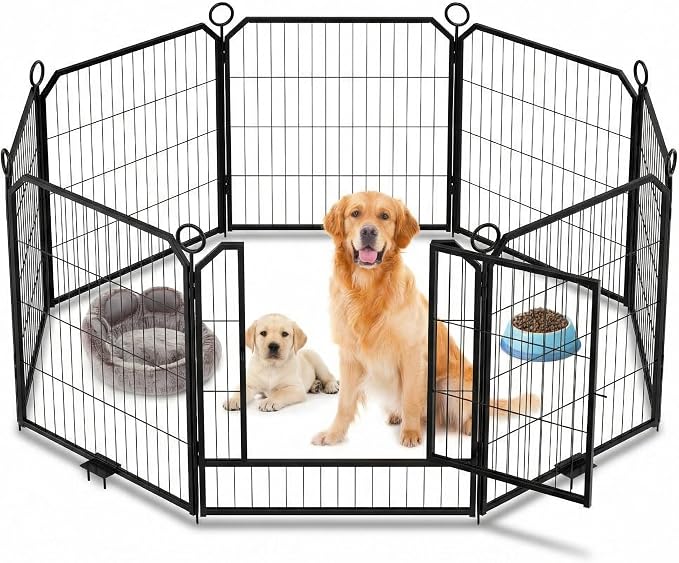 Steel Dog Playpen with Lockable Door & Ground Stakes, 32”H 8 Panels Puppy Playpen, Foldable Dog Fence for Indoors/Outdoor/Yard/RV/Camping