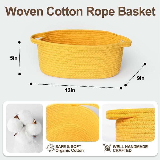 Small Yellow Woven Basket, 13"x 9"x 5" Gift Basket Empty, Cotton Rope Kids Dog Cat Toy Bin Box, Cute Baby Nursery Easter Organizer, Decorative Storage with Handle, Yellow Room Decor