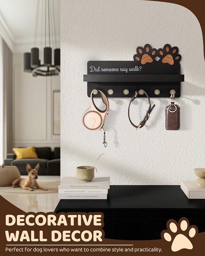 MTERSN Decorative Dog Leash Holder for Wall with Shelf & 6 Hooks, Black | 3D Dog Paw Key Hooks, Unique Back Panel, Key Hanger for Leashes & Keys, Pet Accessories Storage, Gift for Dog Lovers