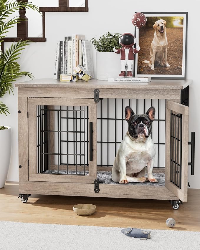 YaFiti Dog Crate Furniture, 32.5” Wooden Indoor Dog Kennel, Grey | Cushion, Wheels, Double Doors, Furniture Style, Side End Table, Decorative Pet Cage House, Up to 45 lb, for Small/Medium Dogs