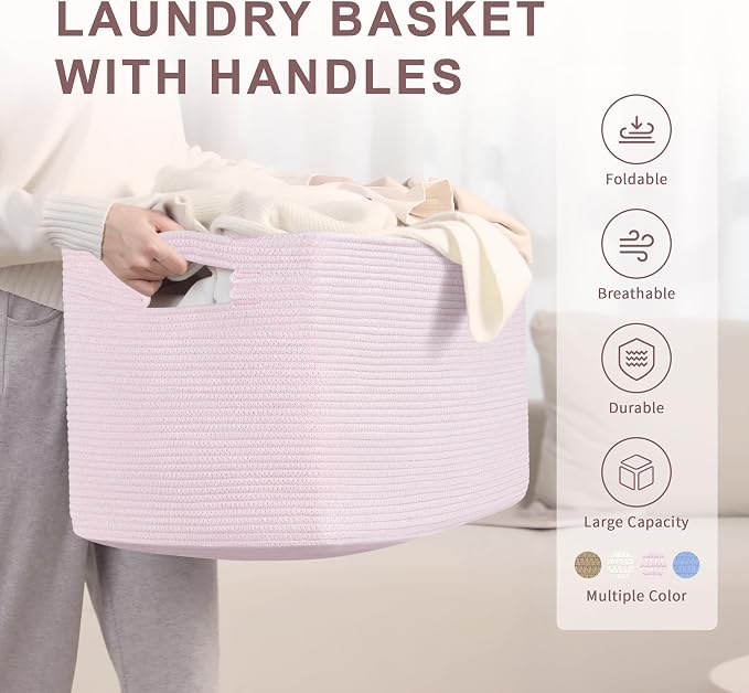 86L Large Woven Laundry Basket Hamper with Handles, Pink | collapsible wicker hamper, storage for dirty clothes, toys, blankets, gifts, living room, bedroom, bathroom, 24"x16"x14"