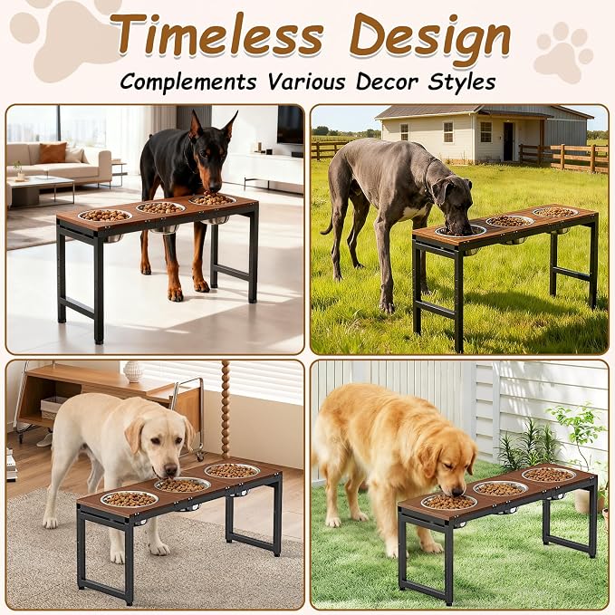 Elevated Dog Bowls Large Breed, Adjustable, 3 Bowl 12.5cup/101oz | 15"/16"/17"/18"/20" Height Fits Giant Dogs Like Great Dane, Stainless Steel Bowls , Iron Holder, Wooden Platform, Grained Oak