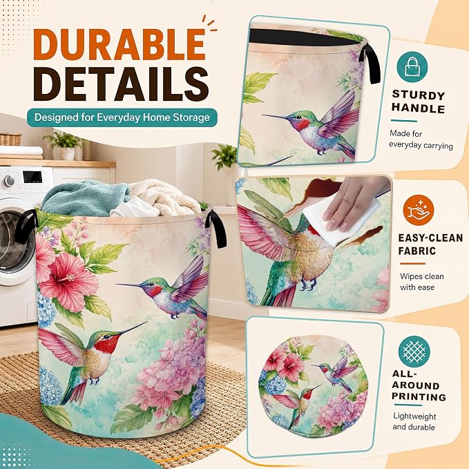 Hummingbird Laundry Basket,Hibiscus Hydrangea Foldable Oxford Laundry Hamper with Handles,Collapsible Clothes Storage Bucket Tote Bag for Laundry Room,Bathroom,Bedroom,Dorm