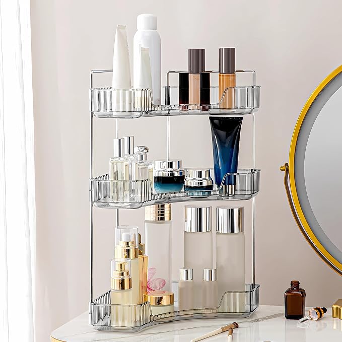 3 Tier Corner Bathroom Counter Organizer Countertop Shelf Makeup Organizer for Vanity Perfume Tray for Corner Storage (Grey)