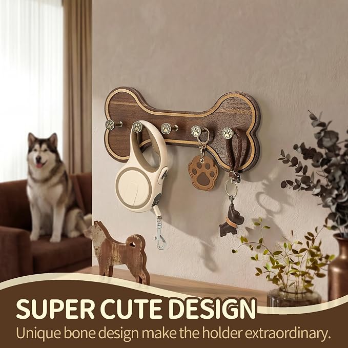 MTERSN Acacia Wood Dog Leash Holder for Wall – Farmhouse Dog Stuff Organizer and Dogs Bone Key Holder Wall Mount with 3D Paw Hooks - Cute Pet Organizer for Leashes, Keys & Home Decor(Dark Acacia) | Dog Bone Key Holder Wall Mount, Five Key Hooks, Farmho...