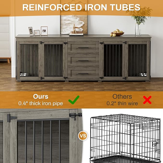 OUYESSIR 94.5" Double Dog Crate Furniture for Medium Large Dogs, Grey | Extra large dog kennel fits 2 Medium or large dogs, 3 Storage Drawers, 4 removable Stainless steel dog bowls, Solid Wood