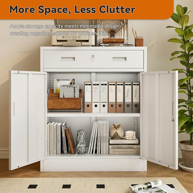 BESFUR Metal Garage Storage Cabinet with One Lockable Drawer 2 Locking Doors and an Adjustable Shelf, 36" White Metal Short Storage Cabinet for Home Office, Garage,School,Utility Room