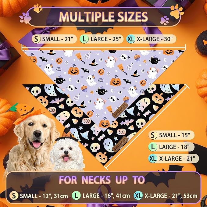Halloween Dog Bandanas, Colorful Ghost 2-Pack Triangle Reversible Pet Scarves, Premium Fabric, Pumpkin Purple Bandana for All Boys Girls Dogs (X-Large, Style 1)