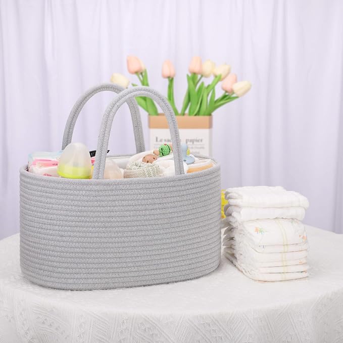 COMSE Baby Diaper Caddy Organizer with Handles, Cotton Rope, Cool Gray