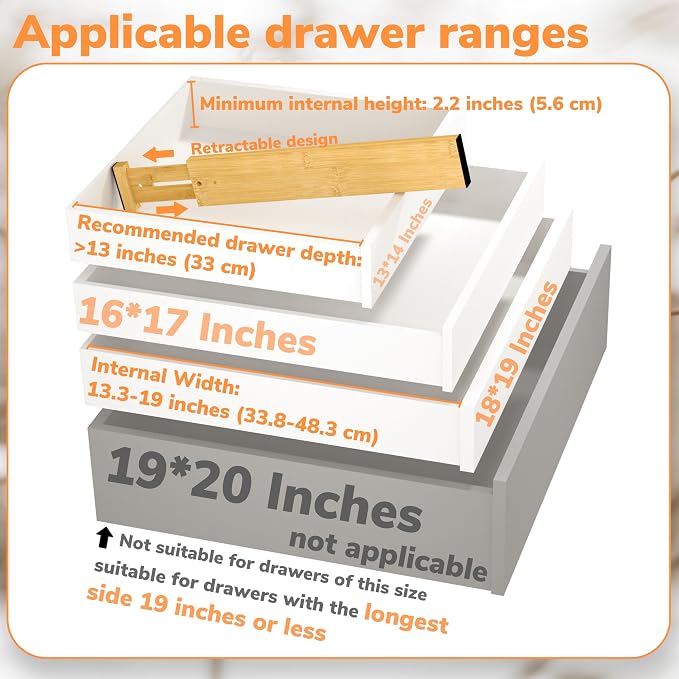 BAMEOS Bamboo Expandable Drawer Dividers – Fits 13.3"–19" Drawers, 2" High, Set of 4 | Spring-Loaded Bamboo Separator for Kitchen Island, Bathroom Vanity & Dresser Drawers
