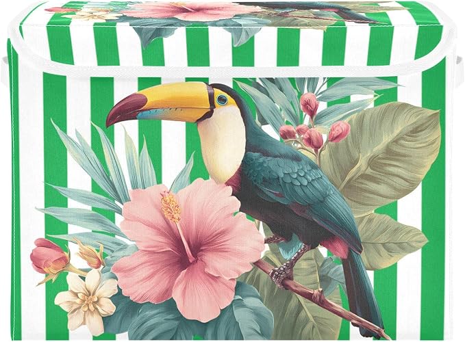Fabric Storage Bins with Lid Floral Bird Foldable Storage Boxes 40L Baskets | Decorative Storage Boxes, Dust-Proof Flip Top, Reinforced Handles, For Home & Bedroom, Clothes & Toy Box, Flower Fabric Print