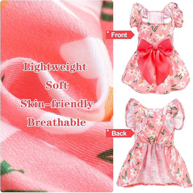 Dog Dress with Sleeve Ruffles, Floral Pet Dresses with Bow Tie for Small Meduim Dogs Puppy Cats Girl, Cute Princess Dog Dresses Skirt Clothes Outfits for Spring Summer, Pink M