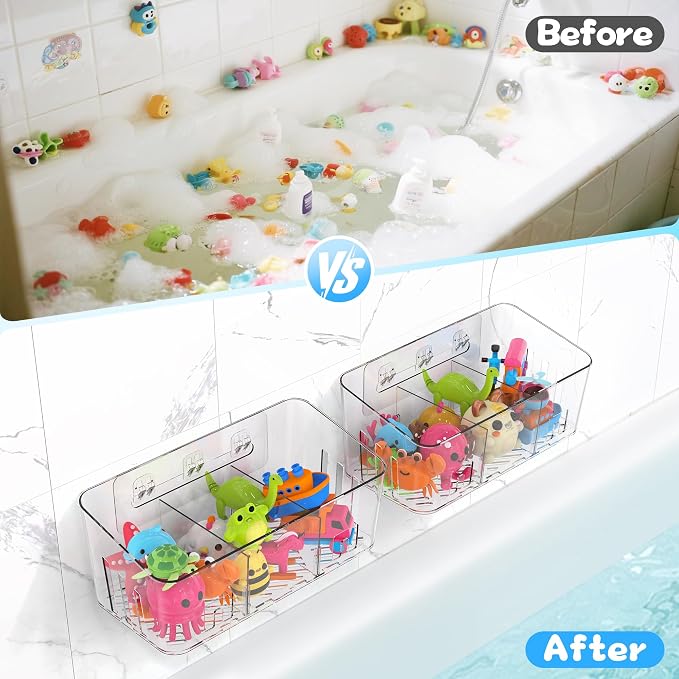 Bath Toy Storage 2 Packs, Large Bath Toy Holder - 3 Compartments, Quick-Dry | BPA-Free Bathtub Toy Organizer, Wall-Mounted Adhesive Shower Caddy, Bathroom Toy Basket & Bin for Baby, Toddler, Kids, Clear