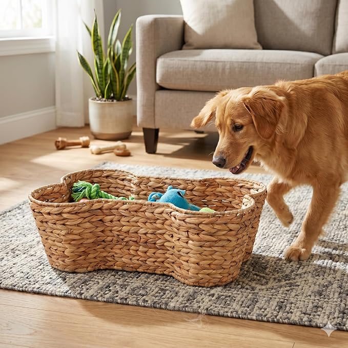 OtterPets Dog Toy Basket, Hyacinth Bone Shaped Dog Toy Bin, 23" x15” | Handmade dog toy box, dog toy storage, dog basket, basket for dog toys, dog storage, Large 23 x 15 in