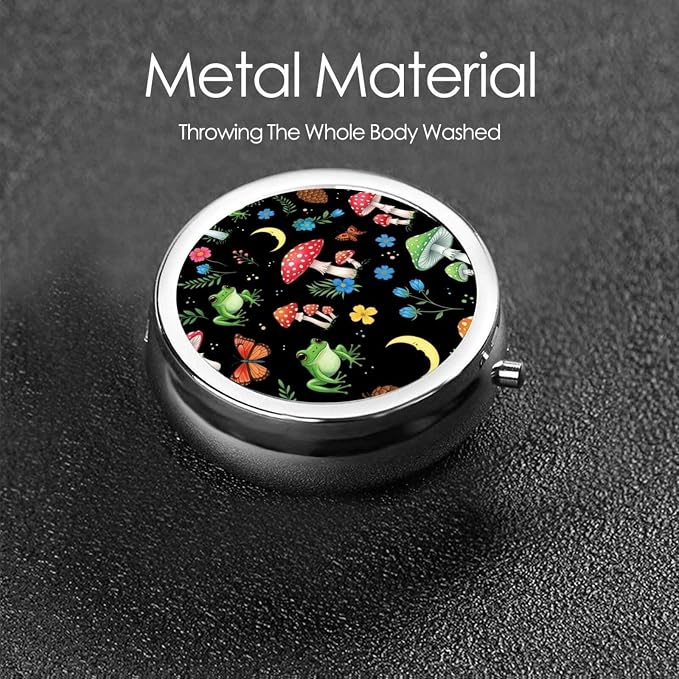 Mini Pill Box, Portable Round Organizer for Daily Vitamins, Travel Pill Case Pocket Purse Use, Waterproof Design for Men Women, Moon Frogs Trippy Mushroom Leaves