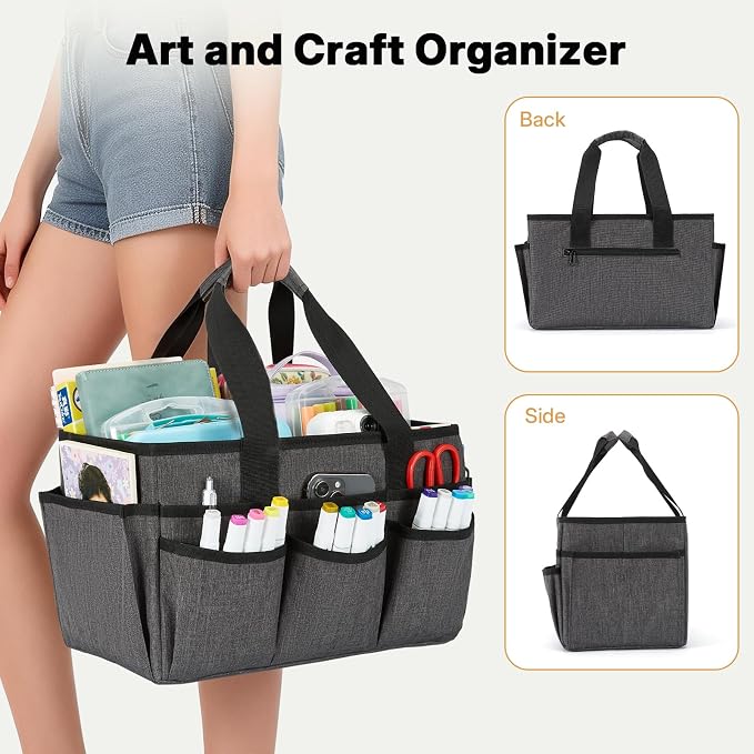Craft Organizer Tote Bag, Art Storage Caddy with Multiple Pockets | Art Supplies Storage, Sewing Bag, Scrapbooking for School, Home and Office (Grey)