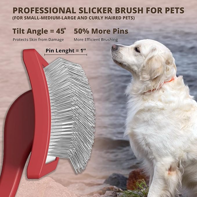Slicker Brush for Dogs, Dog Brush for Shedding Massaging, Doodle Brush for Long Haired Dogs with Extra Long Pins to Effectively Remove Tangles, Knots and Mats (LARGE) (Coral, Large)