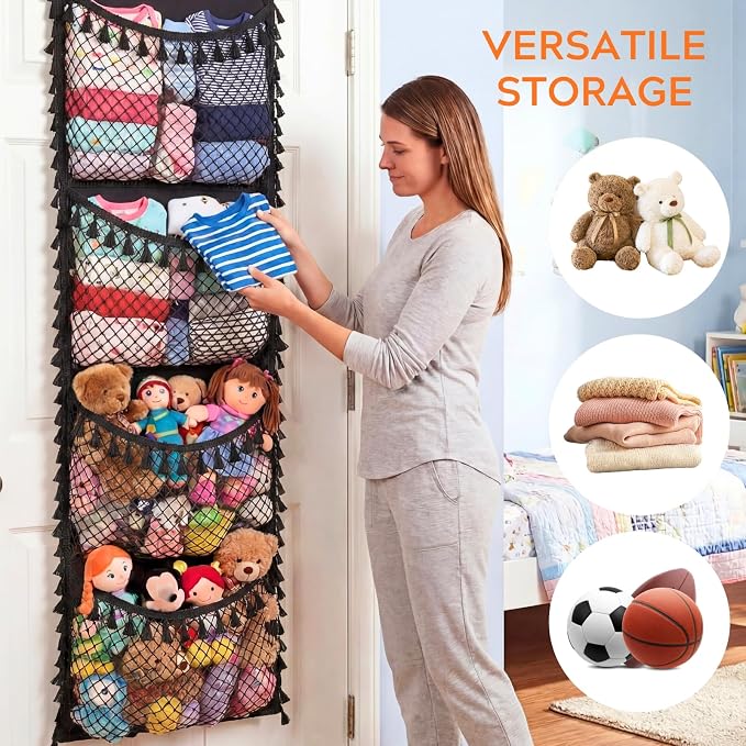 Over The Door Stuffed Animal Storage, Tassel | Toy Organizer for Storage Plush Toys, Stuffed Animal Holder with 4 Large Pockets, Hanging Door Organizer for Nursery