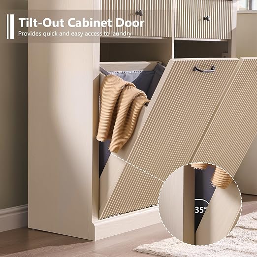 IFGET Double Tilt-Out Trash Cabinet, Fluted Laundry Hamper Cabinet, Cream
