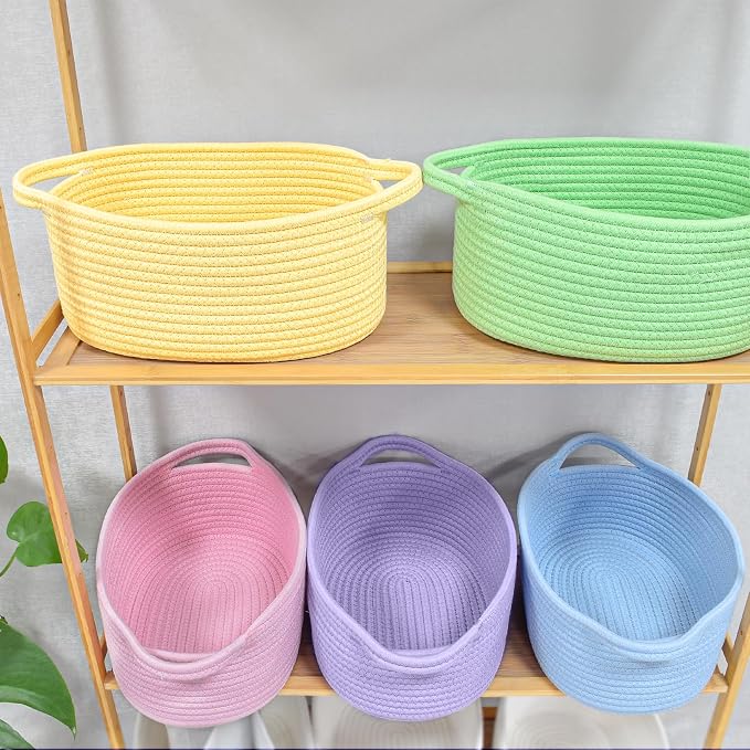 ABenkle Small Basket with Handles, Boho Decorative Rope Woven Dog Cat Toy Storage Bin Shelf Storage Organizer, Easter Christmas Gift Basket, 12"x8"x5"