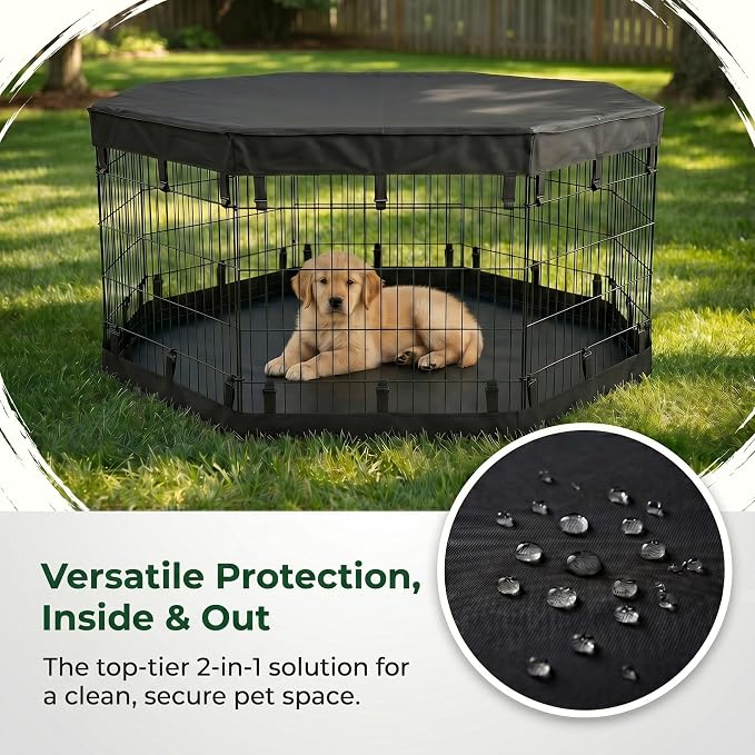 PJYuCien 2-in-1 Octagonal Dog Playpen Bottom Pad for 24" Side Pen, Black | Dual-function Pad, For Puppy Small Animals, Protects Floors, Easy Clean, 600D Oxford, Snap Hooks