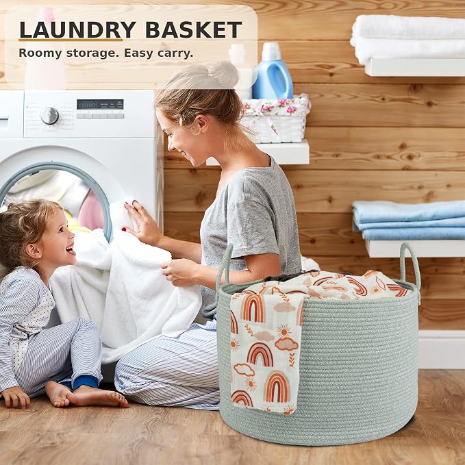 XUANGUO 66L Large Blanket Basket, Round Cotton Rope Basket, Light Green | 20" x 13" Laundry Basket with Sturdy Handles for Blankets, Pillows and Toys; Storage for Living Room, Bedroom and Nursery