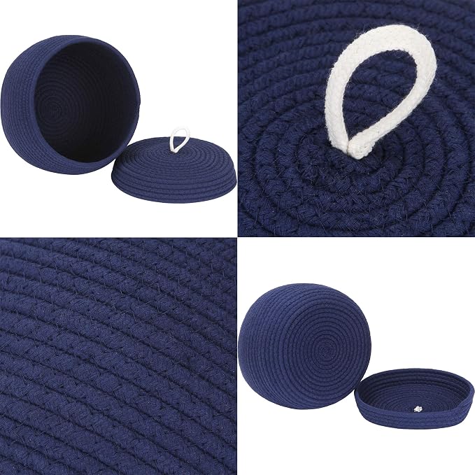 Sea Team Round Woven Cotton Rope Storage Basket with Lid, Navy | Lidded Knitted Decorative Storage Bin, Pot, Caddy, Organizer, Container for Snacks, Towels, Plants, 10 x 7.5 Inches