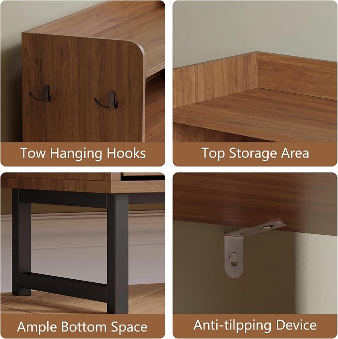 Xixini Shoe Storage Cabinet with 2 Flip Drawers, Entryway Shoe Rack, Walnut | Freestanding Narrow Shoe Storage, Hidden Slim Wood Shoe Organizer, Modern Farmhouse, Open Storage & Hooks for Closet, Hallway