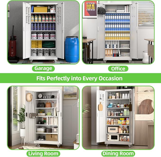 Reemoon White Metal Storage Cabinet with Wheels, Lock and Pegboard | 71 x 32 x 16 in steel cabinet with 5 adjustable shelves, locking doors, casters and door pegboard; assembly required.