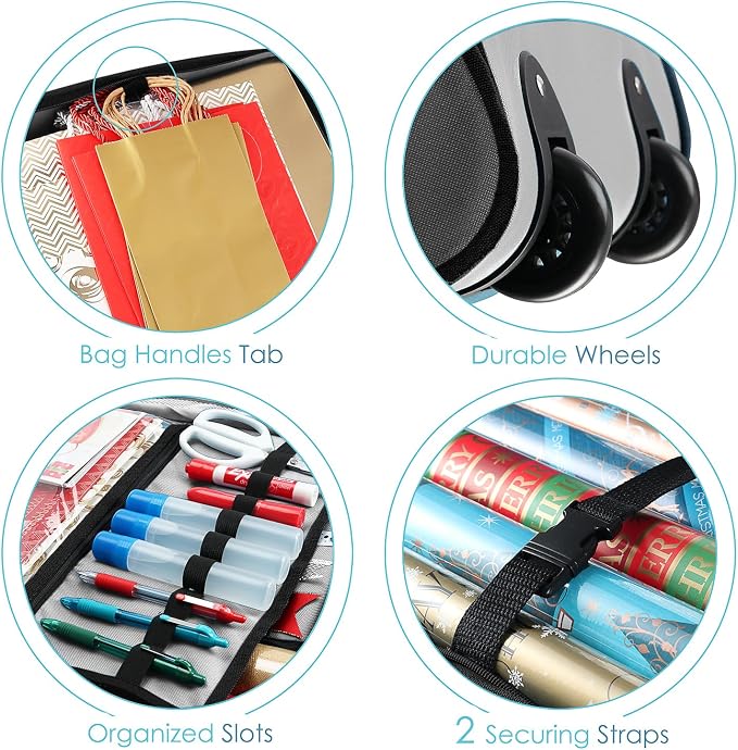 Hearth & Harbor Wrapping Paper Storage Container with Ribbon Dispenser and Interior Pockets - Large Christmas Storage Containers with Wheels, Fits 30 Rolls of 40" Length, Silver