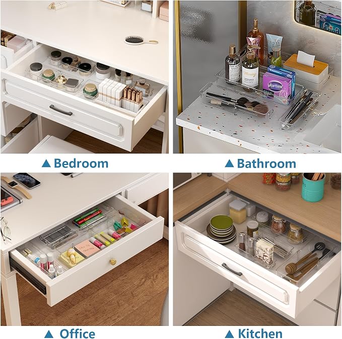 8 Pcs Expandable Drawer Organizer, Adjustable Desk Drawer Organizer with Dividers, 4-Sizes Plastic Storage Bins for Makeup, Kitchen, Bathroom Vanity, Office & Gadgets Drawer
