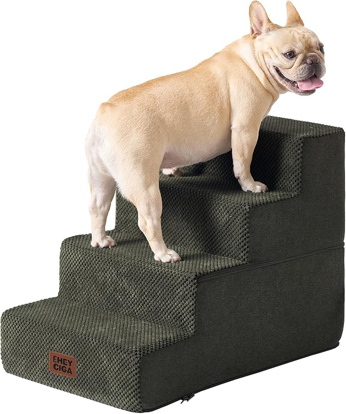 EHEYCIGA Dog Stairs for Bed 18" H, 4-Step Extra Wide Dog Steps for High Bed, Pet Steps for Small Dogs and Cats, Non-Slip Balanced Pet Ramp Indoor, Military Green