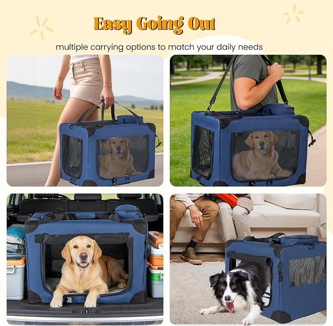 2 in 1 Rolling Dog Crate with Wheels, 24'' Collapsible Travel Pet Carrier for Medium Large Dogs, Portable Folding Kennel with 3-Door Design & Mesh Windows (Dark Blue + 36'')
