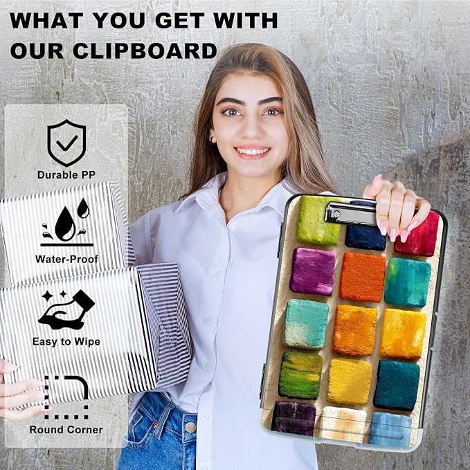 A4 Clipboard with Storage Pen Holder, Clipboards Organizer Nursing Clipboard Foldable File Folder Plastic Clipboard Folio Clip Board for Office Work Classroom Doctor, Watercolor Paint