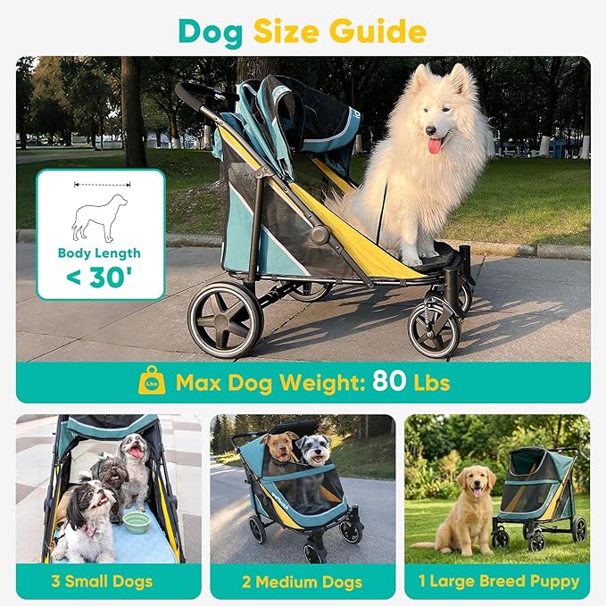 Petbobi Dog Stroller for Large & Medium Dogs - Easy Fold Dual Entry Pet Stroller with One-Foot Brake, All Terrain Wagon Cart with Air Mesh, Ideal for Large Senior Pets up to 80 lbs, Green | One-Hand Fold, One-Foot Brake, All Terrain 360 Swivel Front Wh...